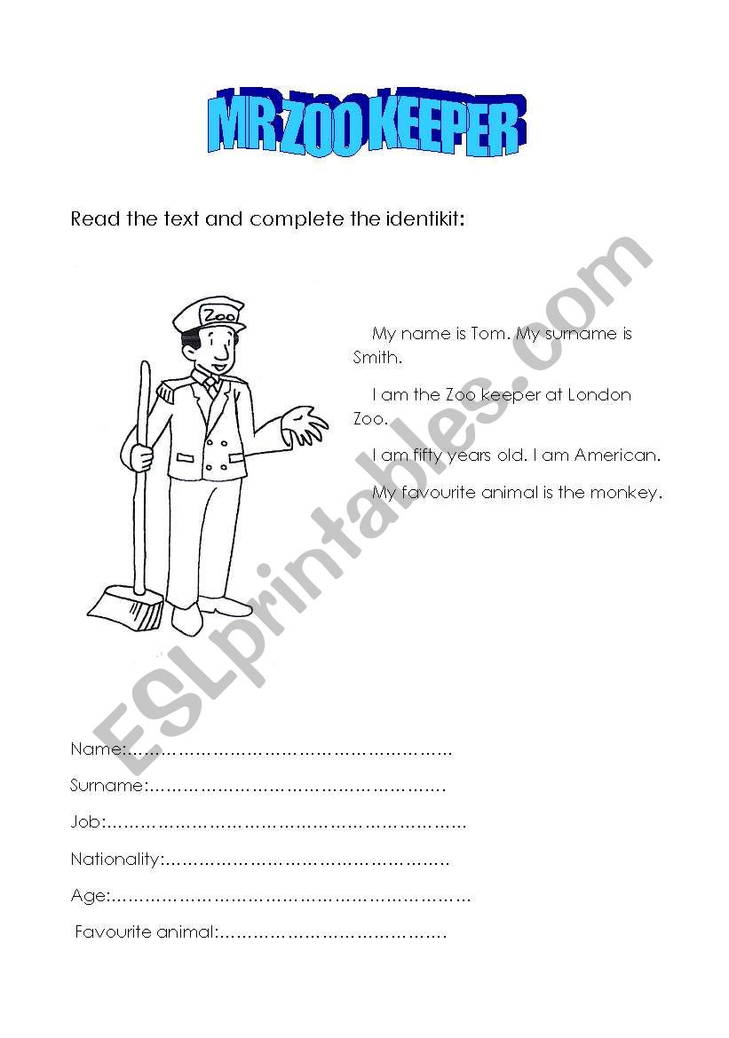 MR ZOO KEEPER worksheet