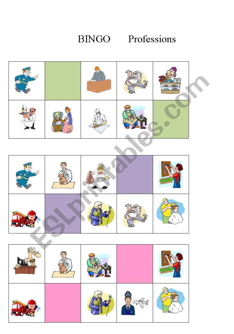 BINGO CARDS - PROFESSIONS worksheet