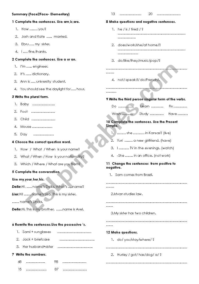 Face2face elementary summary worksheet