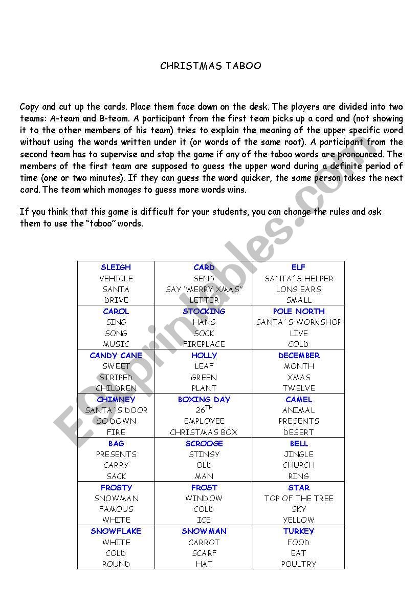 Christmas taboo worksheet