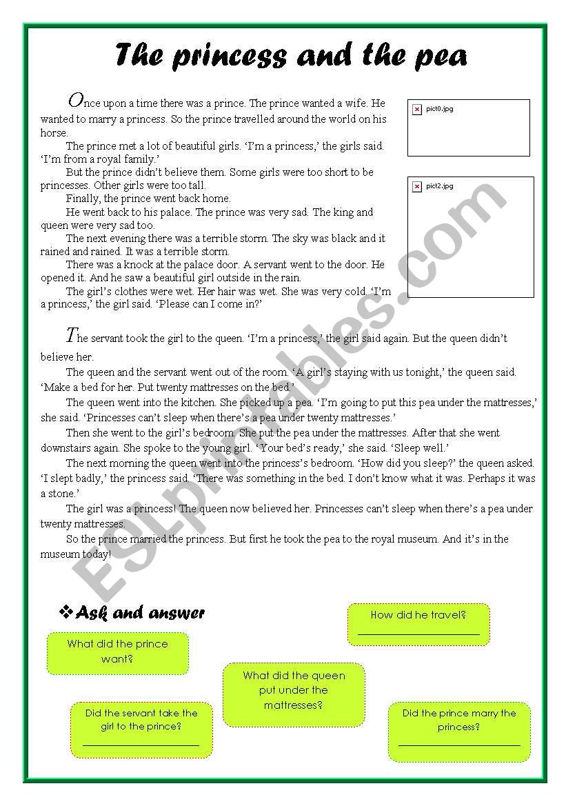 The princess and the pea worksheet
