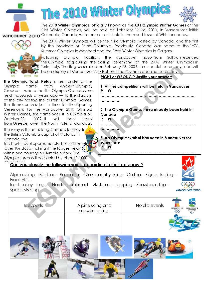 The 2010 Winter Olympics worksheet