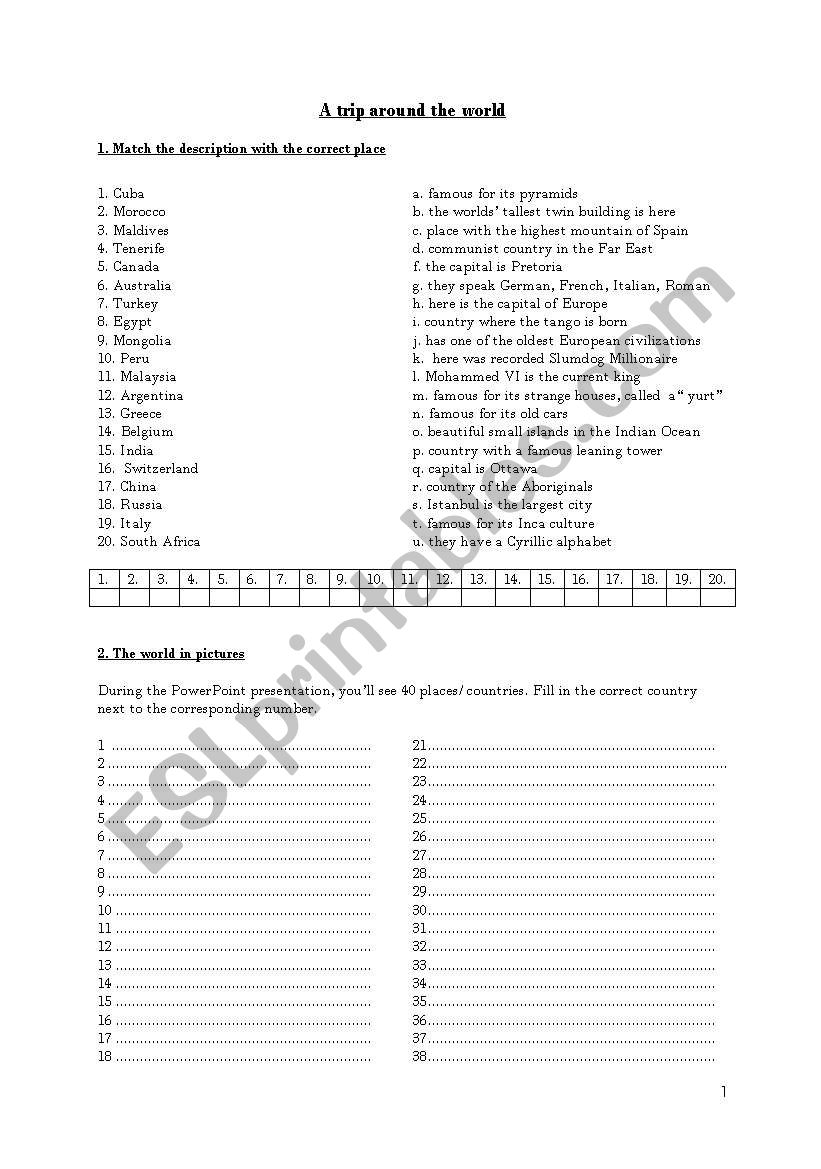 A trip around the world worksheet