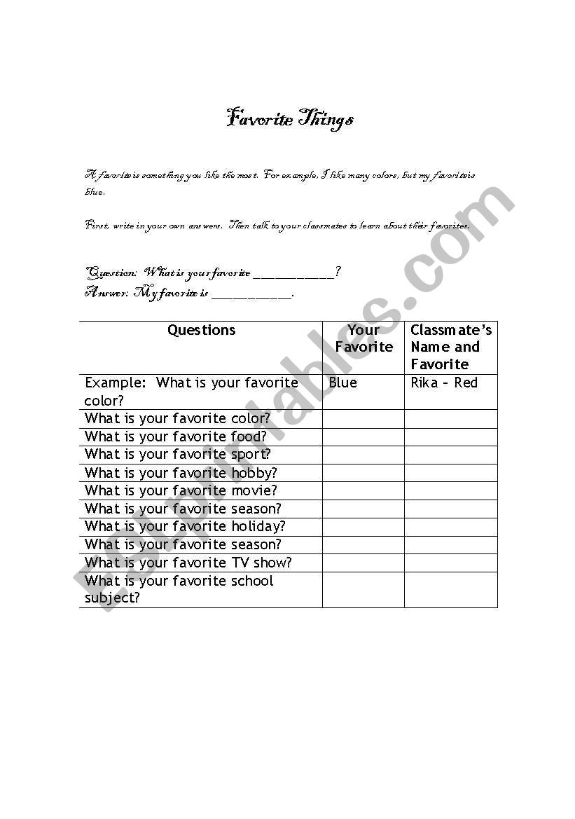 My Favorite Things worksheet