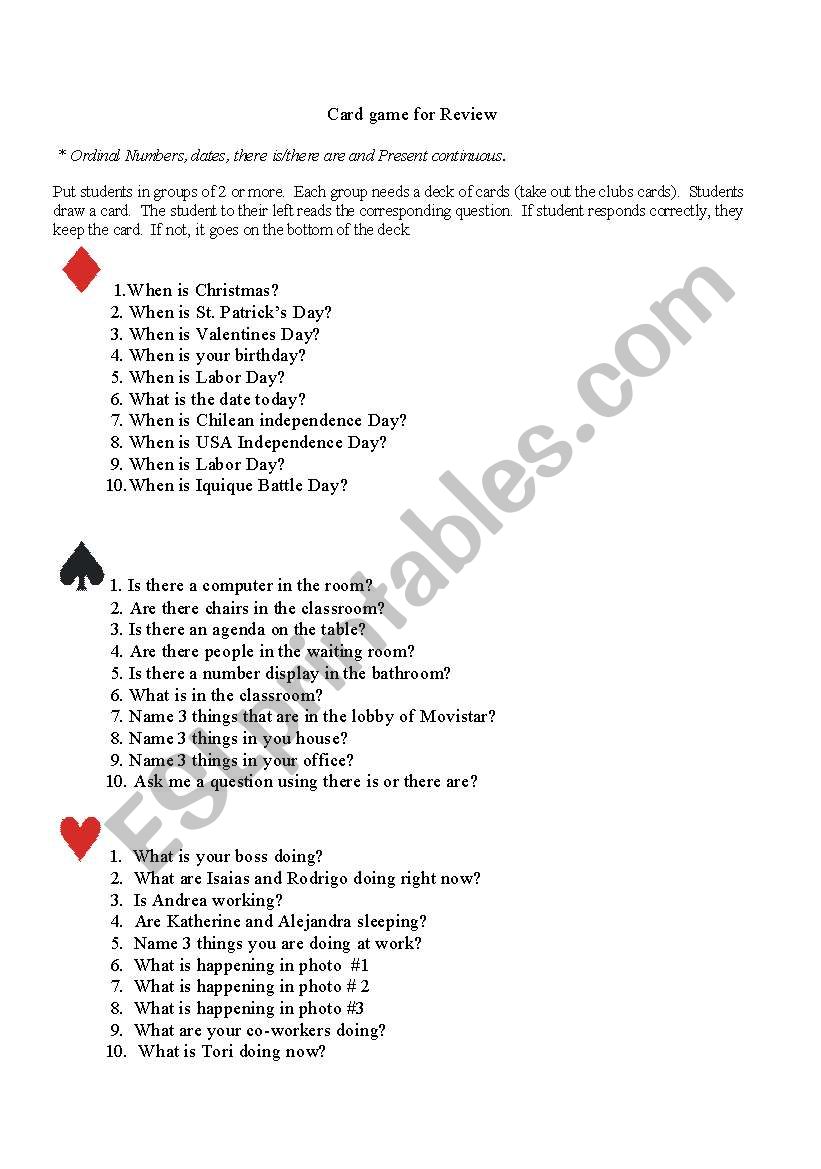 Card game for Review worksheet