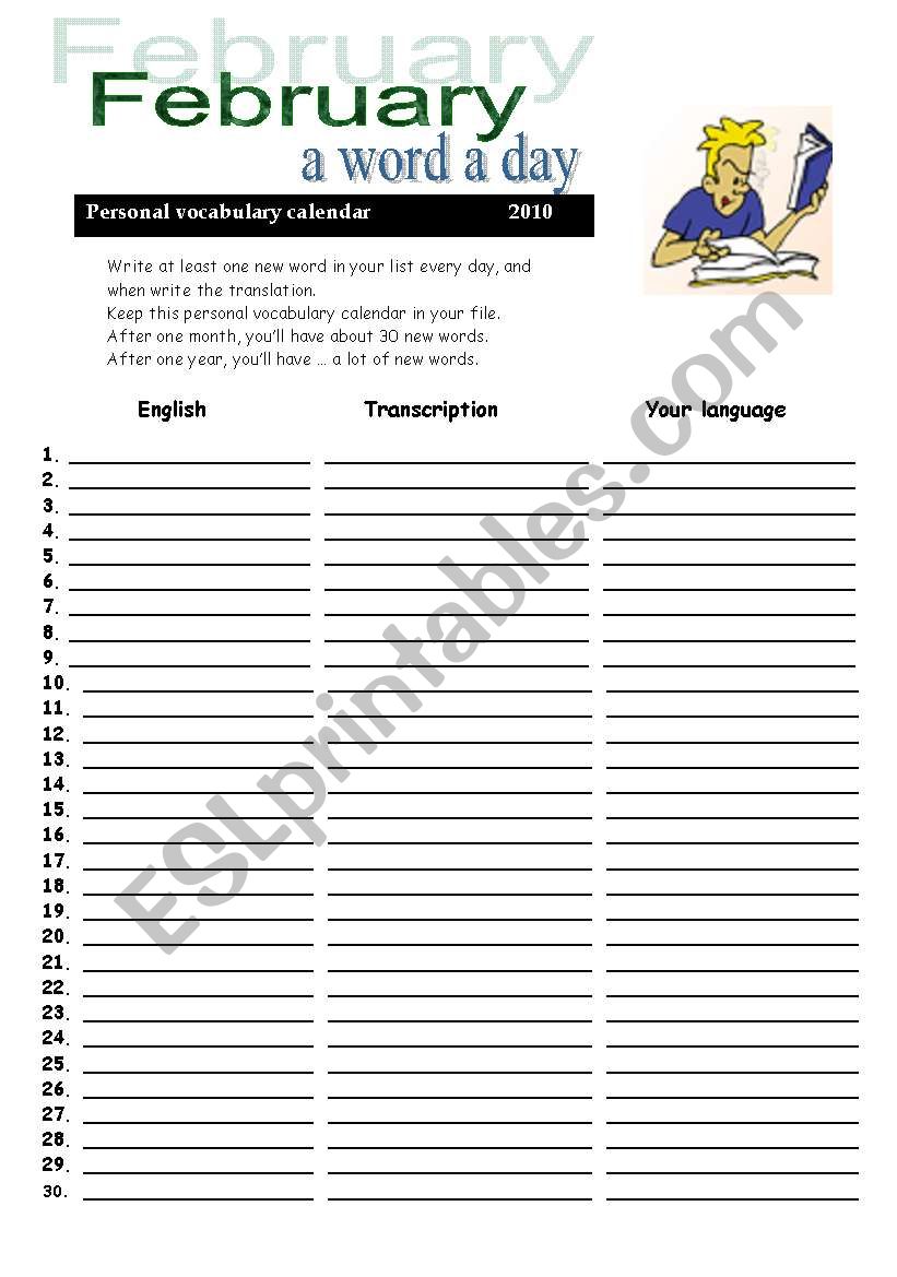 vocabulary calendar - February 