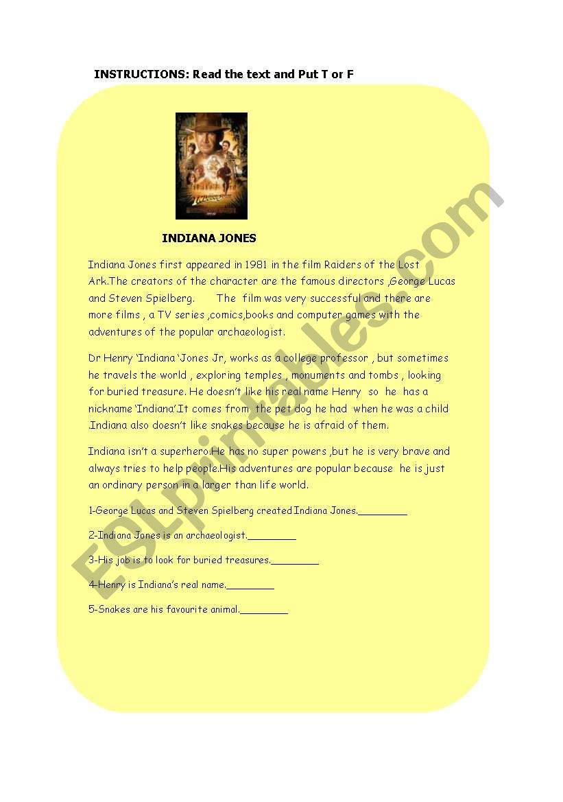 Reading-Indiana Jones worksheet