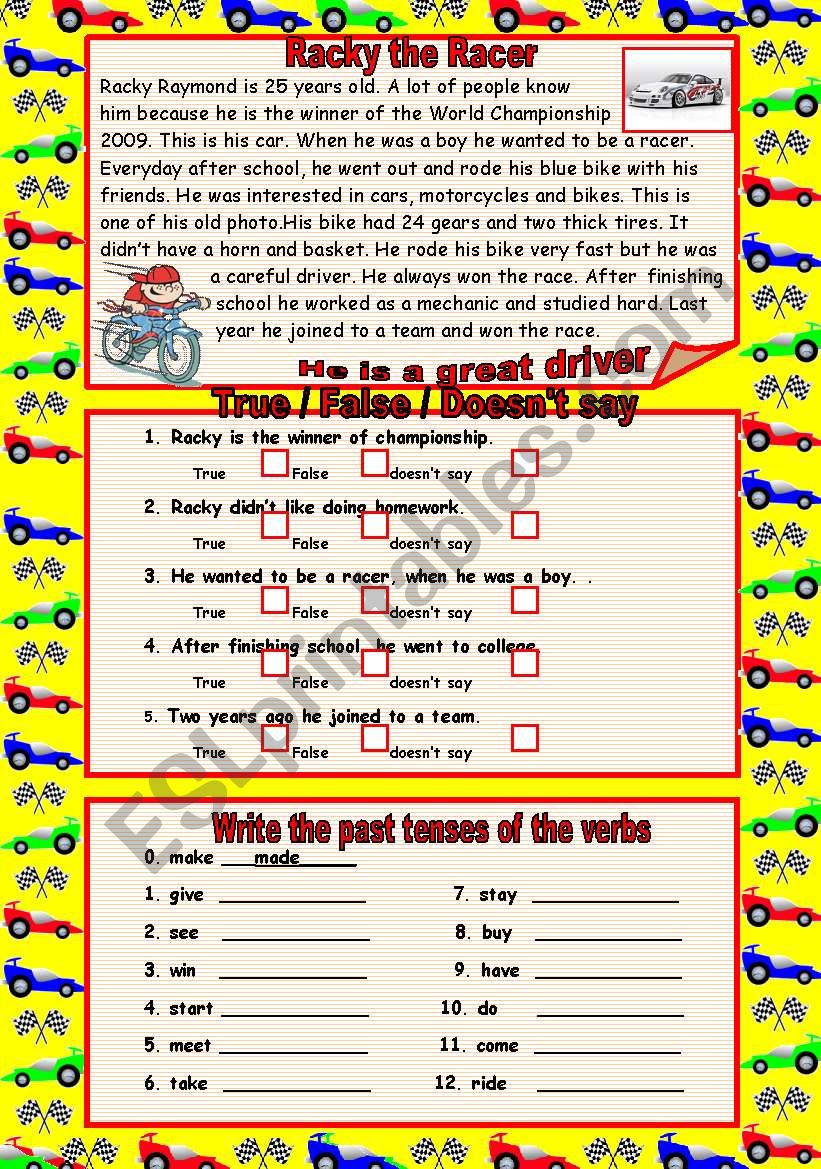 RACKY THE RACER :) 1st  page worksheet