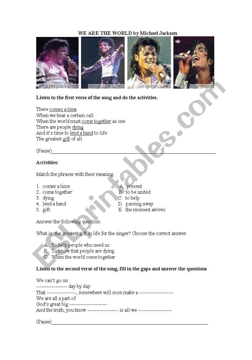 we are the world lyrics singers - ESL worksheet by Flor1801