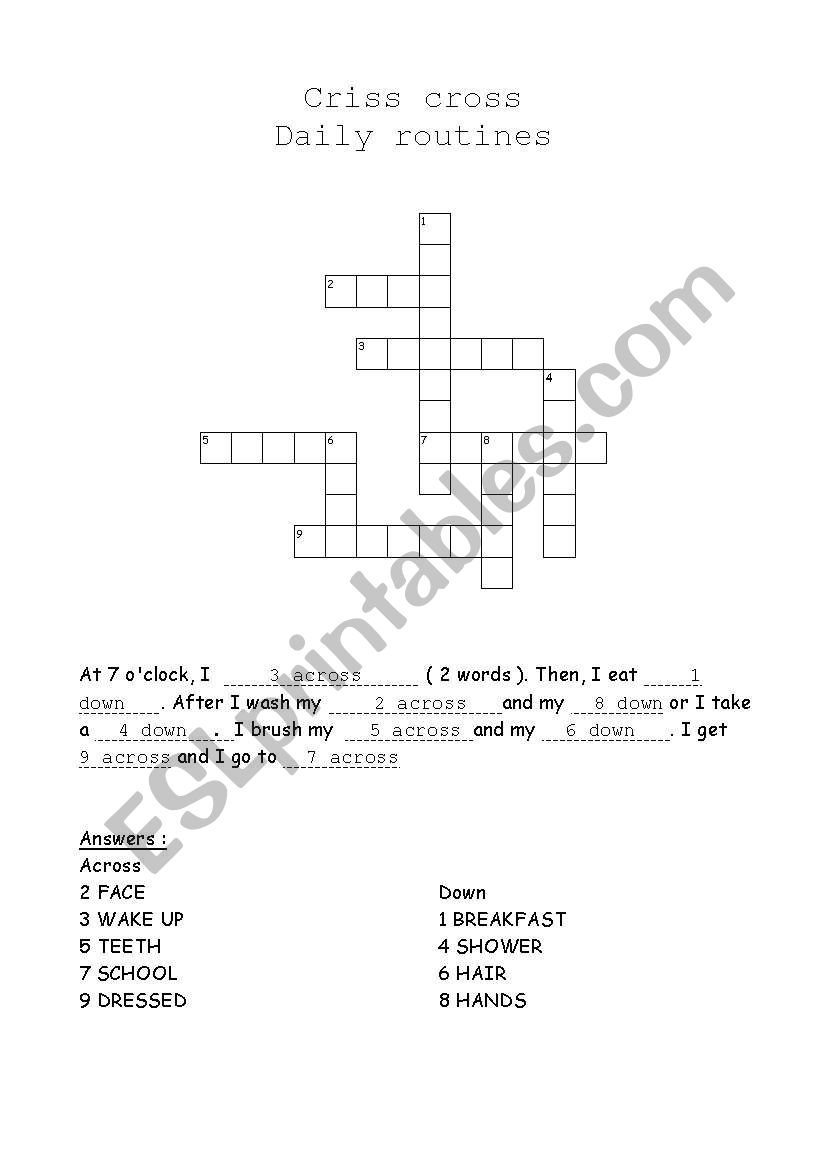Criss cross Daily routines worksheet