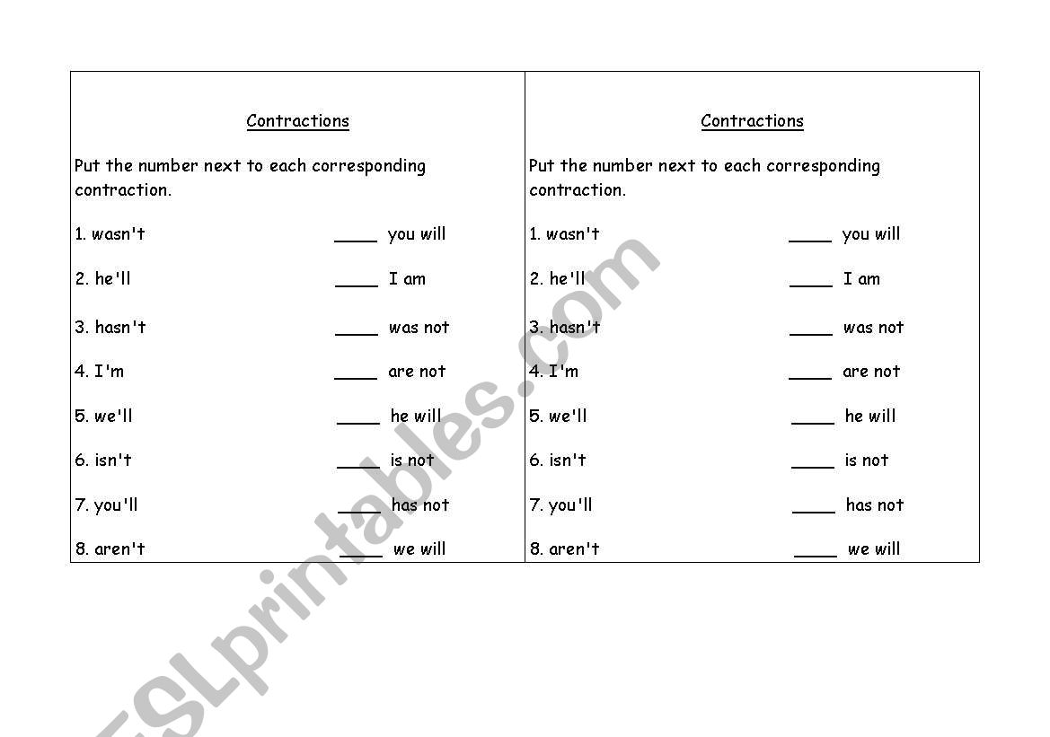 Contractions worksheet