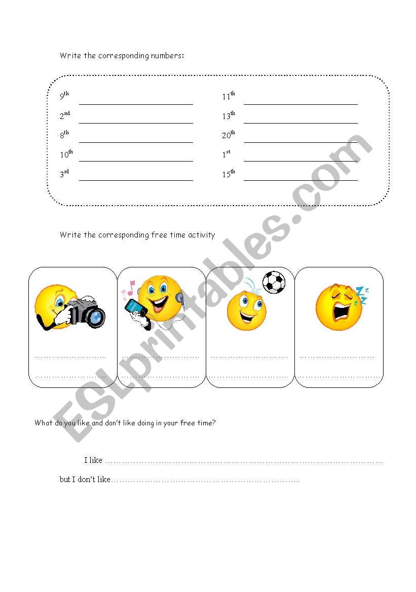 Ordinal numbers and free time activities