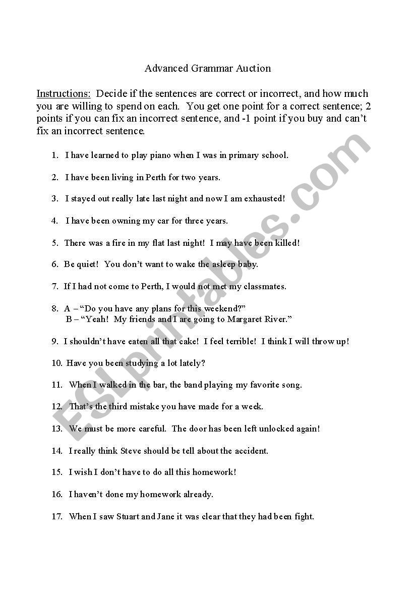 advanced grammar auction worksheet