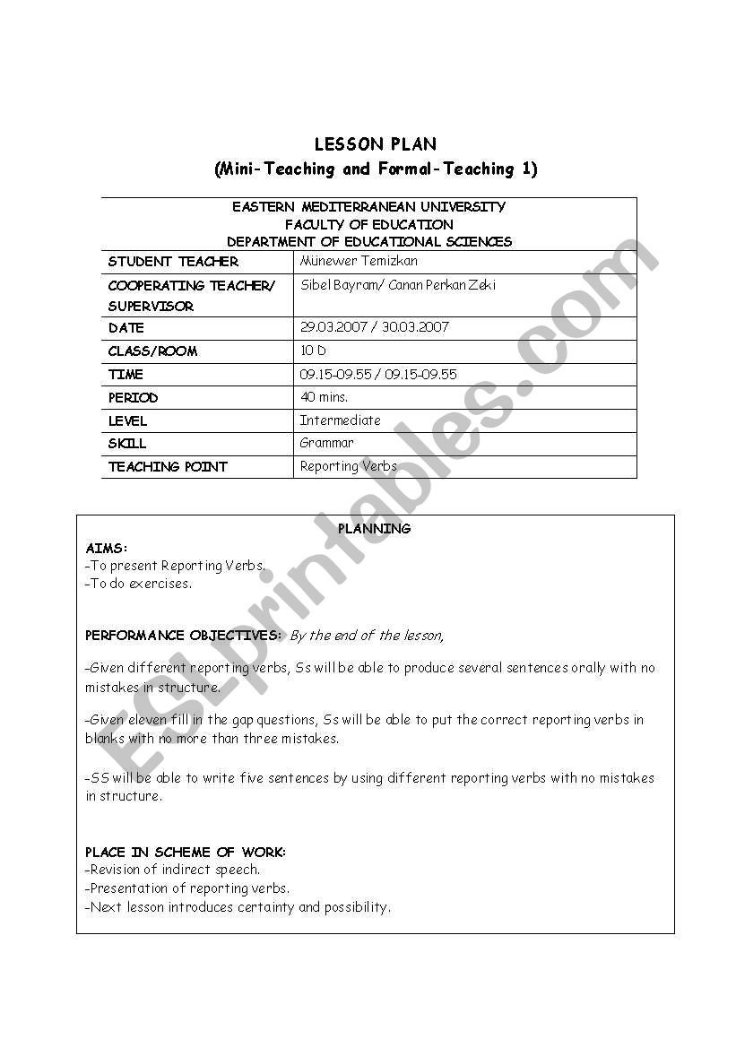 Mini-Teaching Lesson Plan worksheet