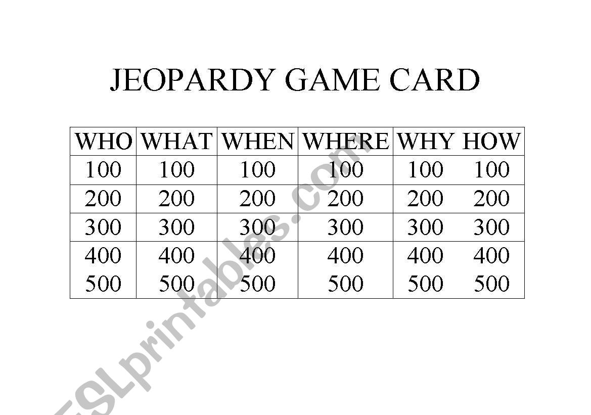 Jeopardy Game Card and Answers