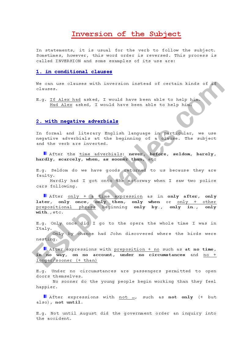 Inversion iof the subject worksheet