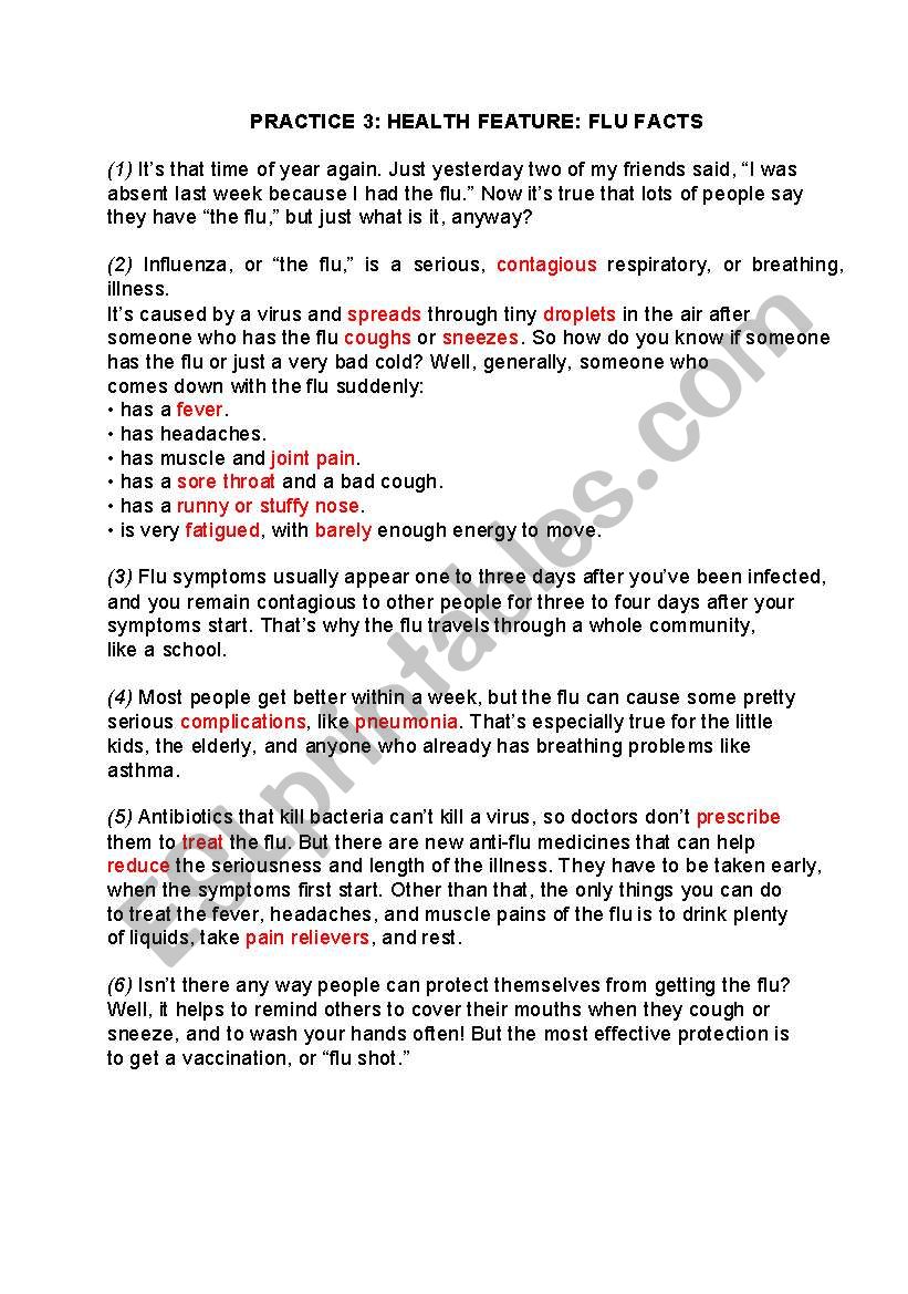 HEALTH PROBLEMS: FLU FACTS worksheet