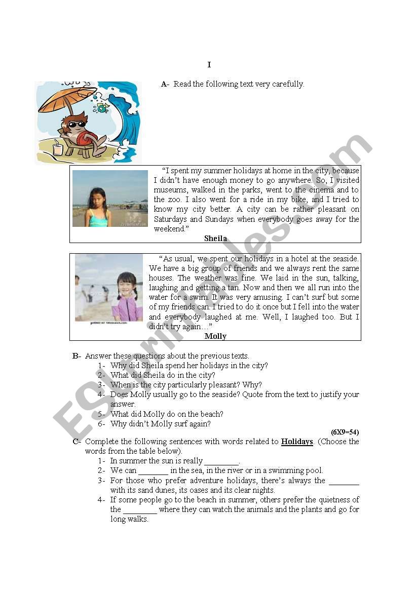 Test on Summer holidays. worksheet