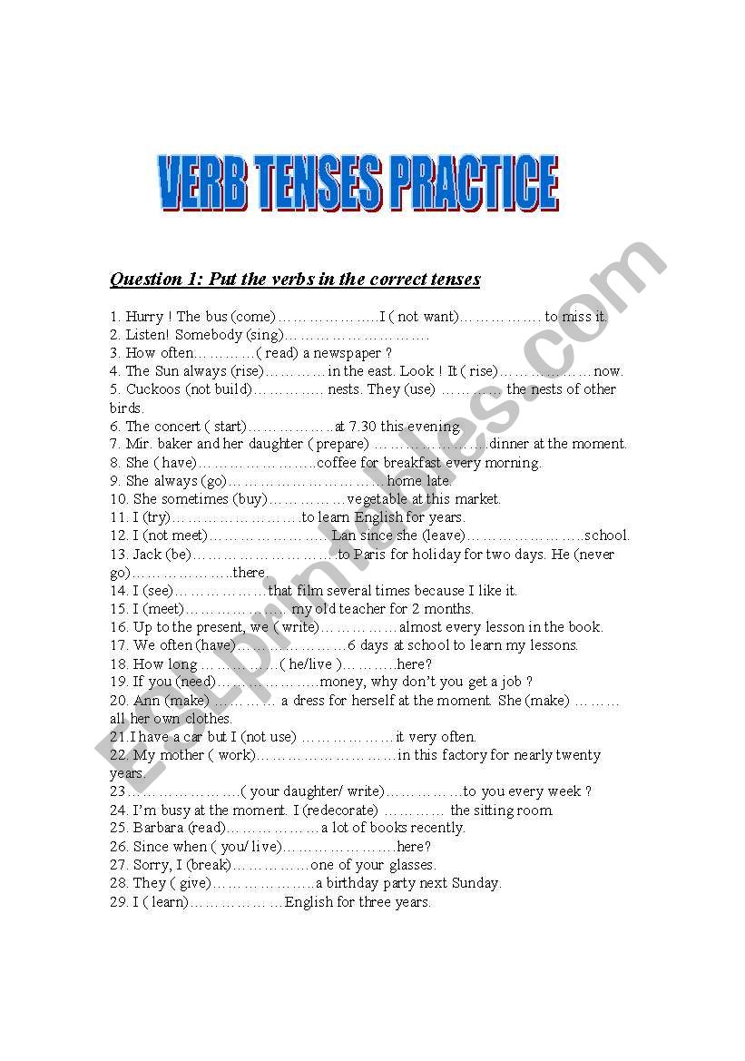 Verb tenses worksheet