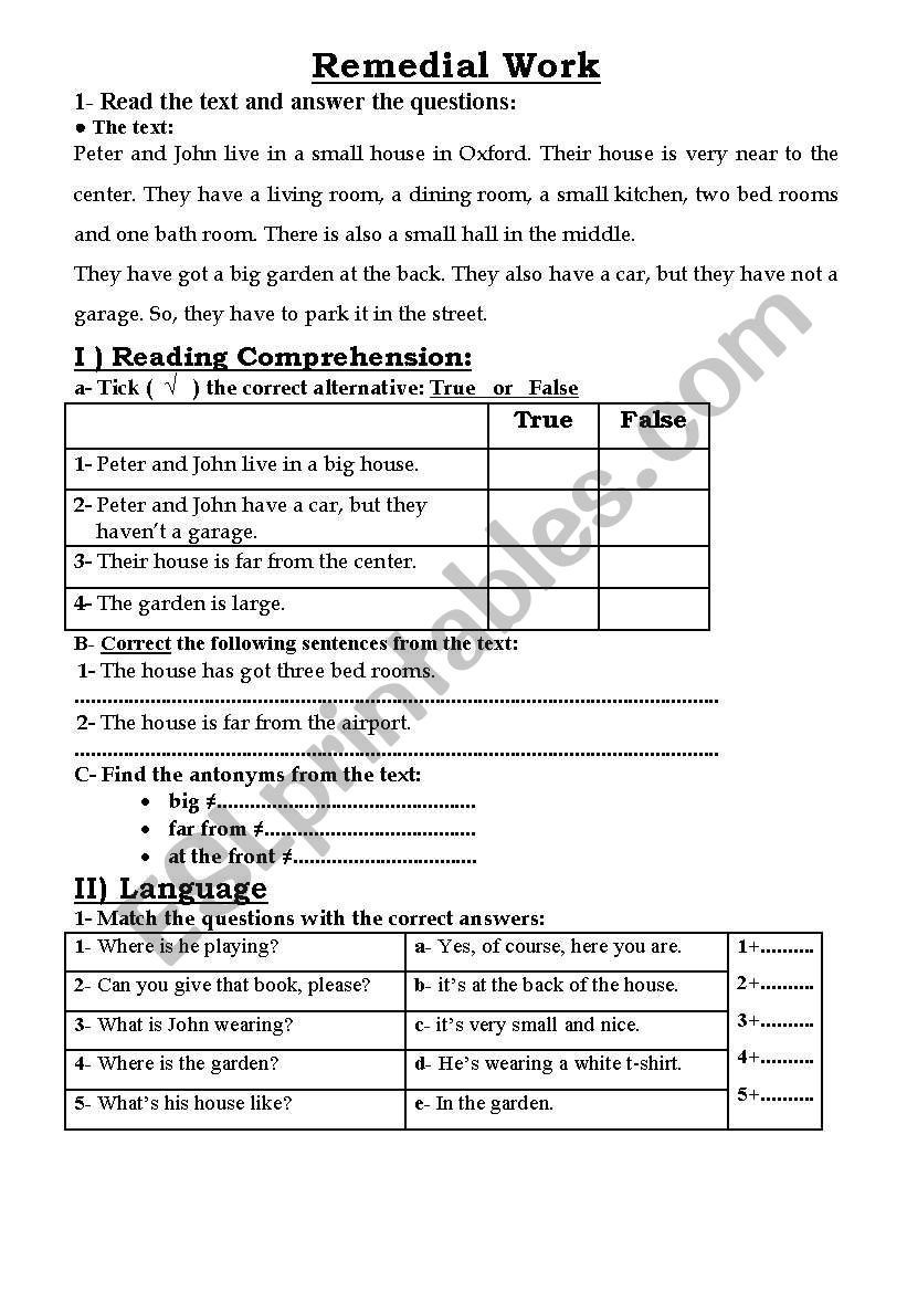 an english test about the different componente of a house