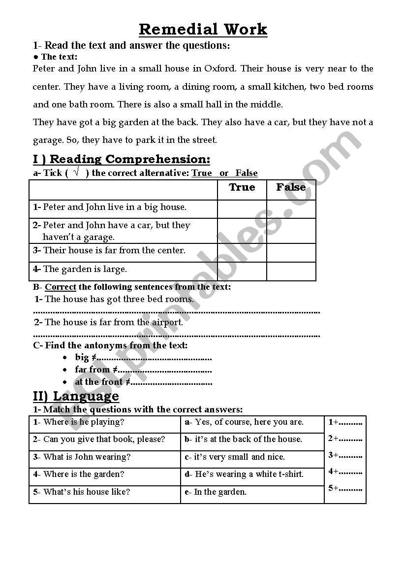 an english test about the different componente of a house