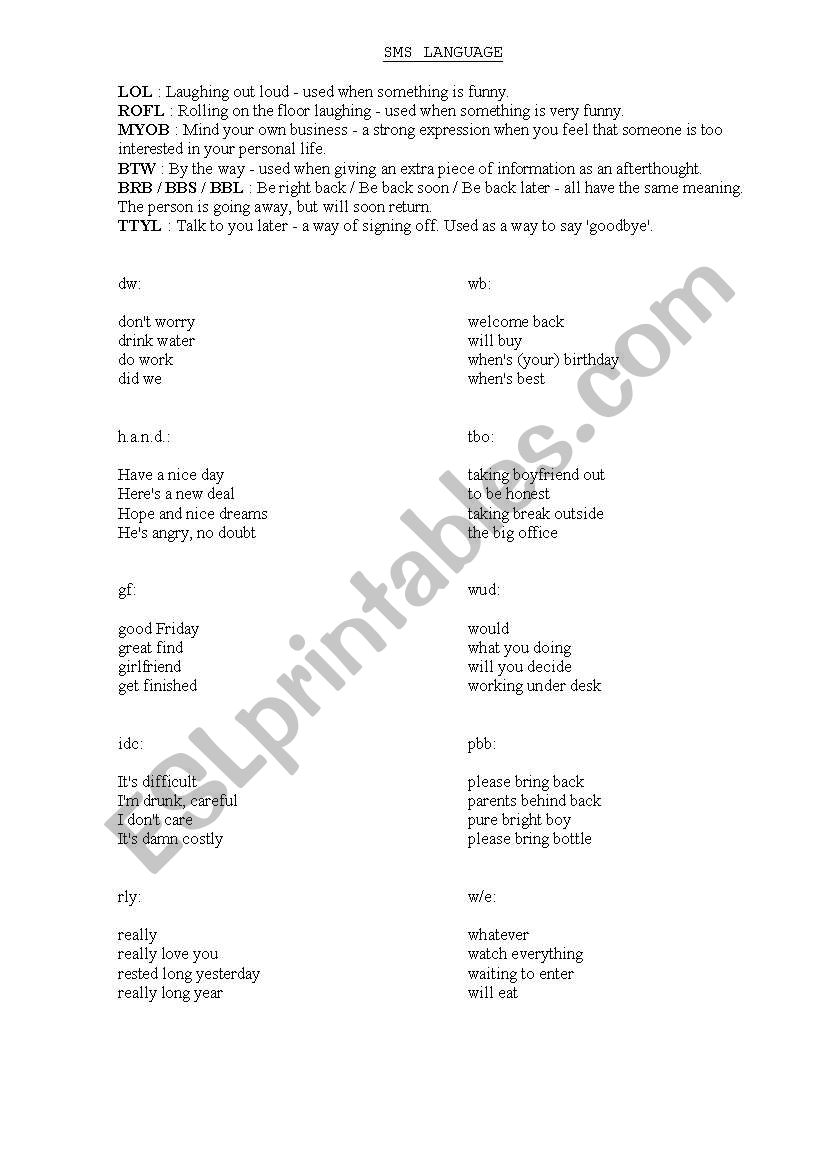 sms language worksheet