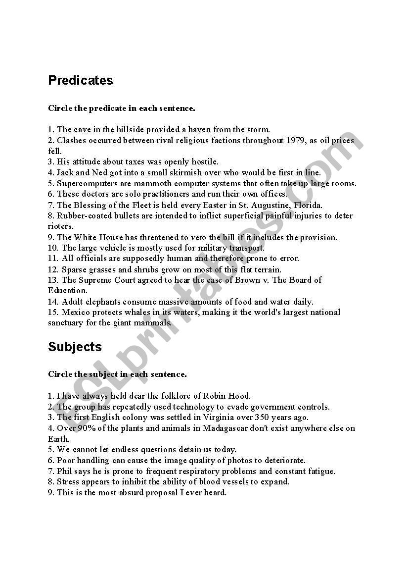 Find the subject and predicate exercises part 1