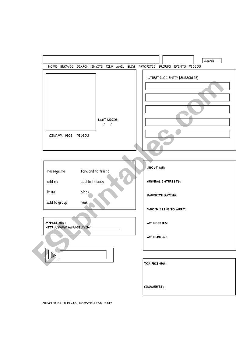 About Me Myspace-Style worksheet