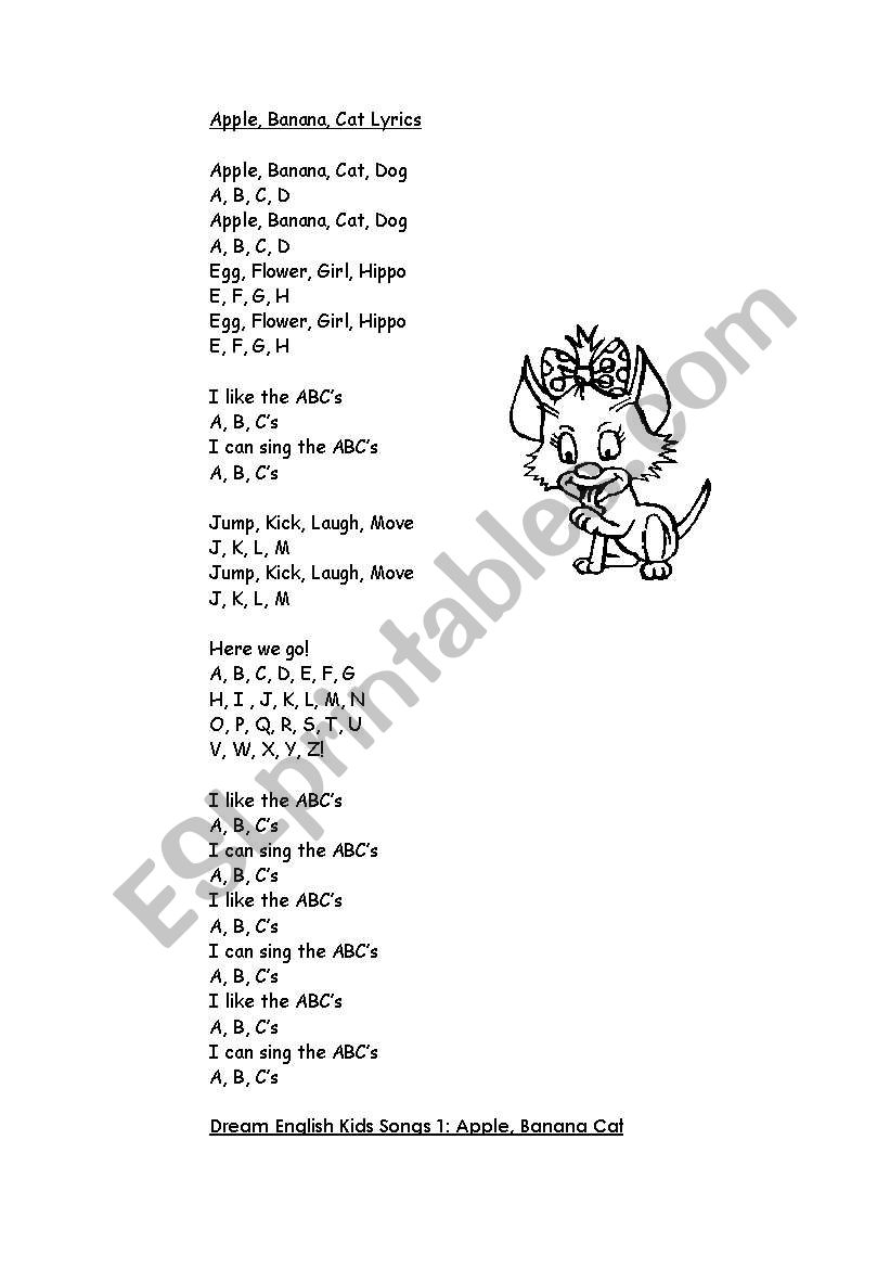 song apple, banana and cat worksheet