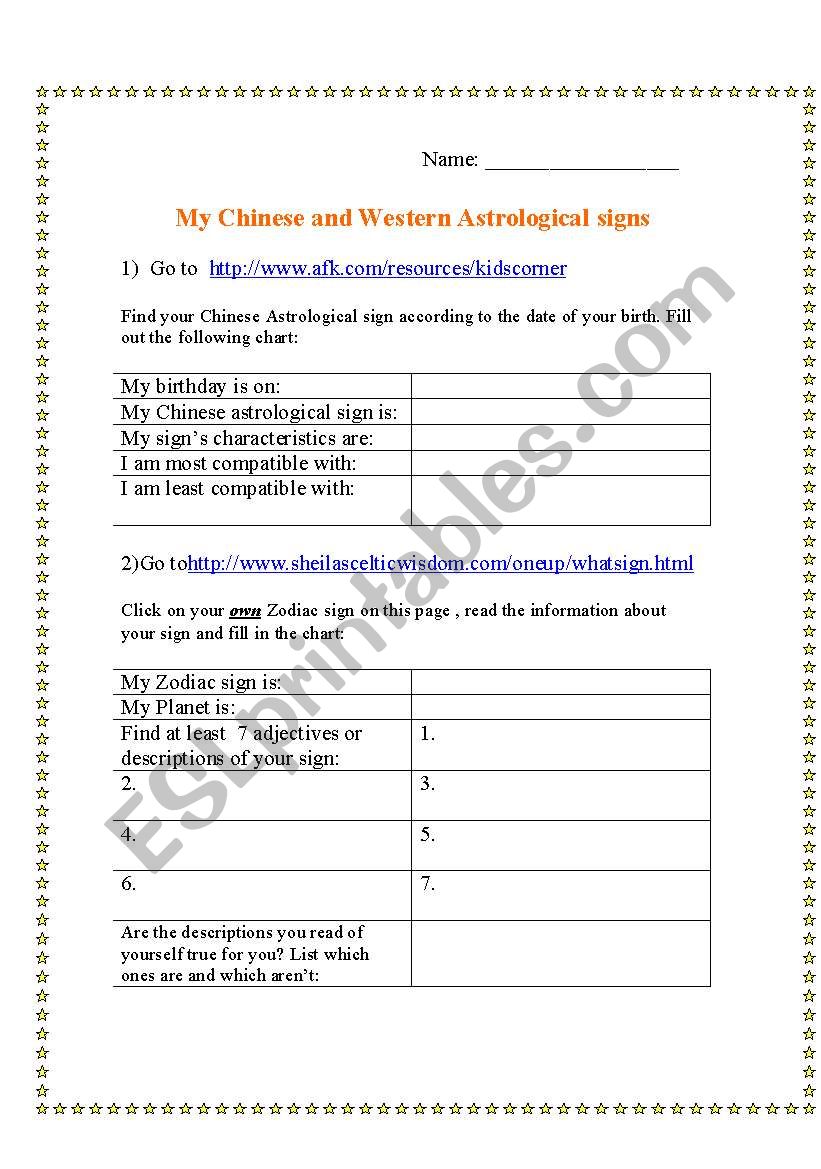 Chinese and Western Astrological signs Webquest