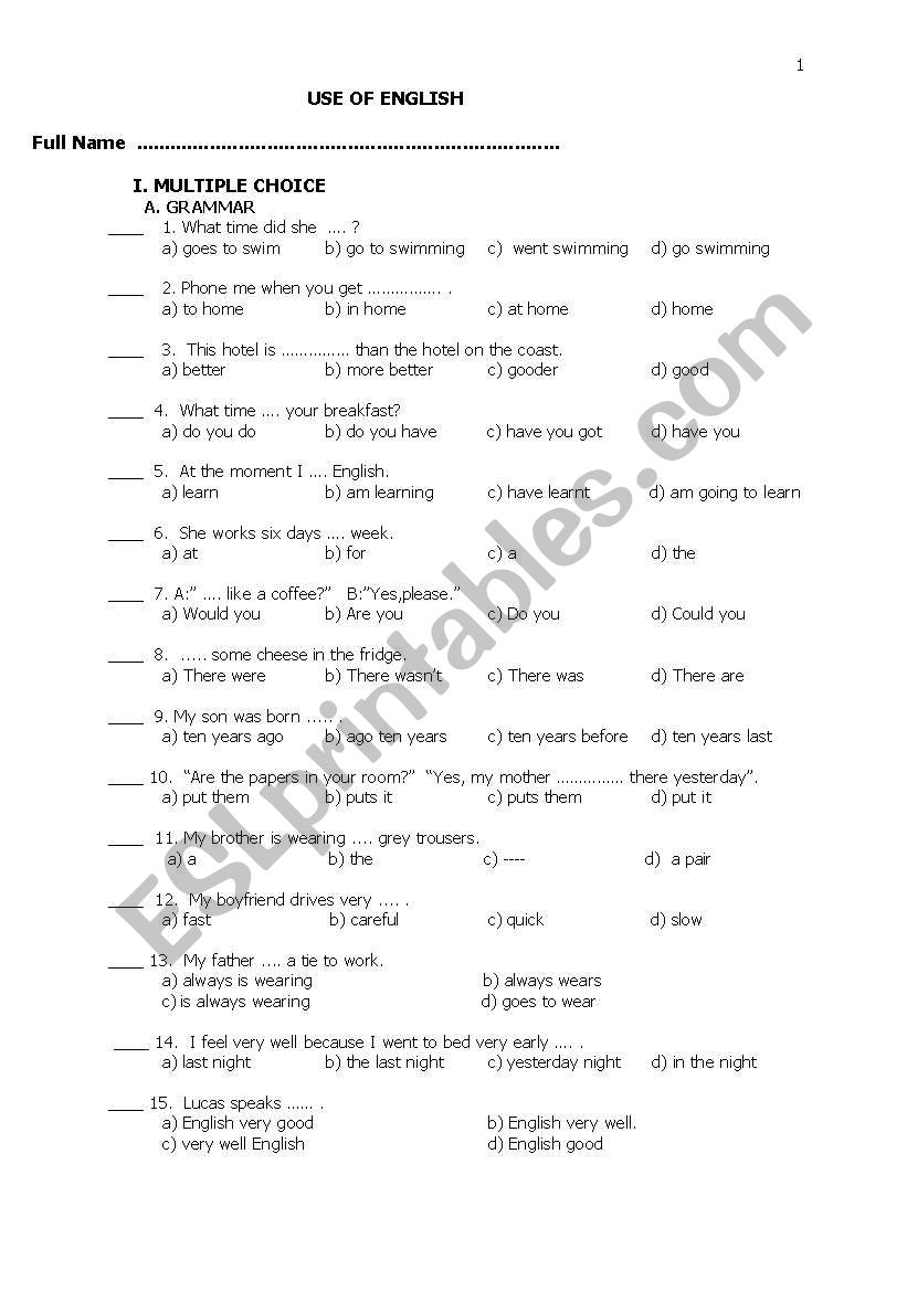 Use of English worksheet