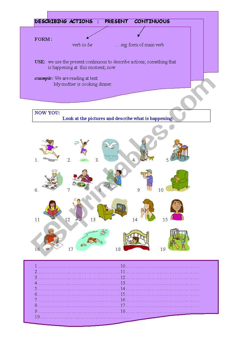 describing actions worksheet