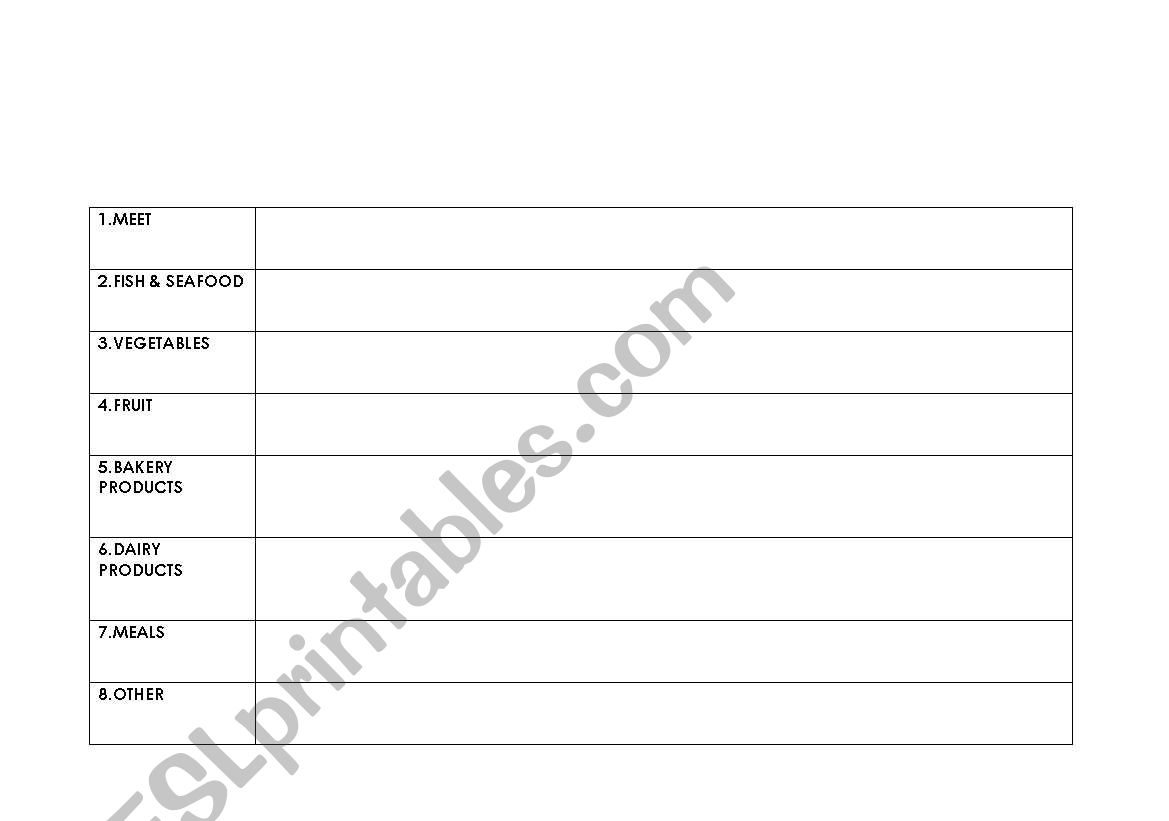 Food vocabulary, table exercise