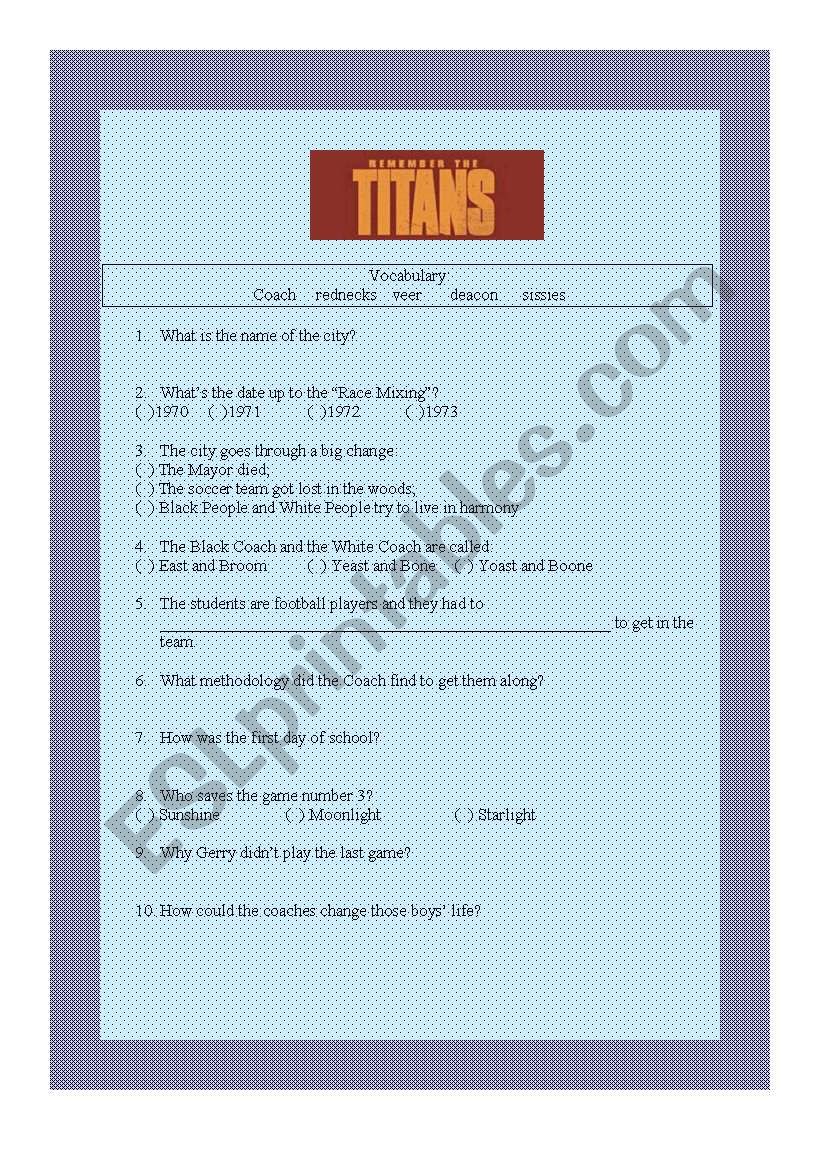 Movie - Remember the Titans worksheet