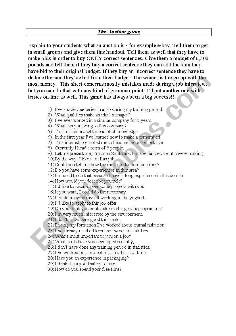 The auction game worksheet