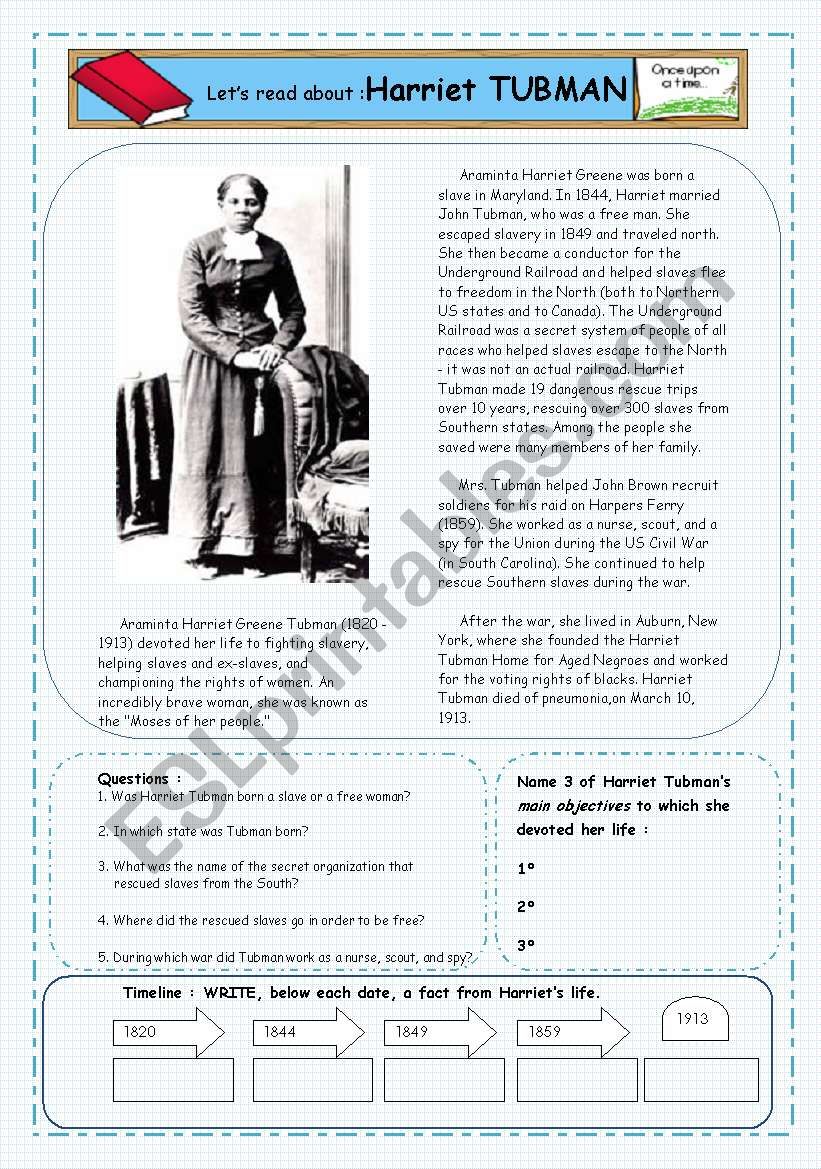 Reader: Short Biography on Harriet Tubman - ESL worksheet by Pelletrine