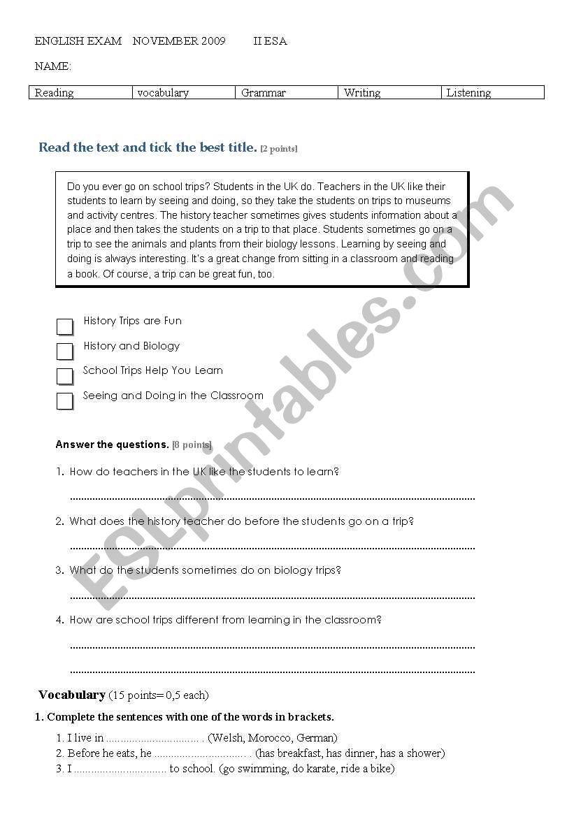 FIRST TEST FOR II ADULTS worksheet