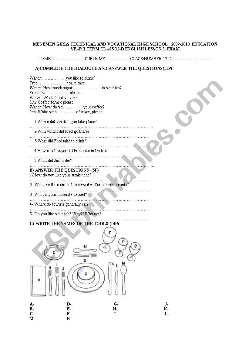 exam worksheet