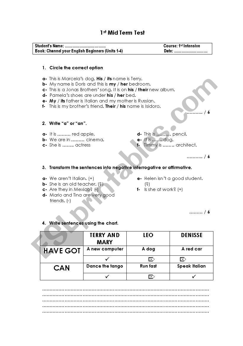 Revision Test worksheet