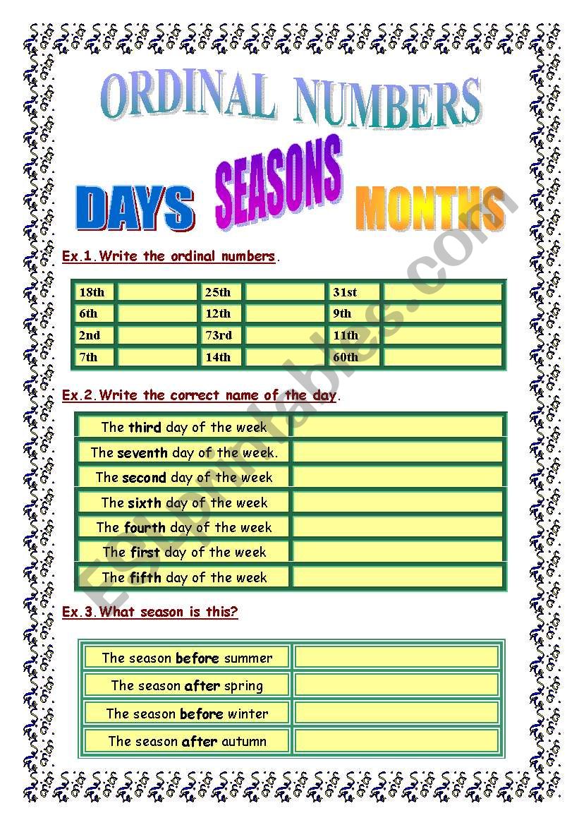 ORDINAL NUMBERS DAYS SEASONS MONTHS