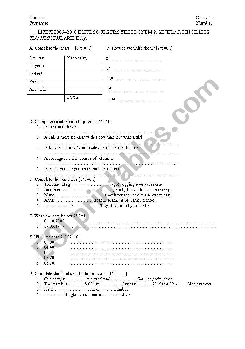 exam worksheet