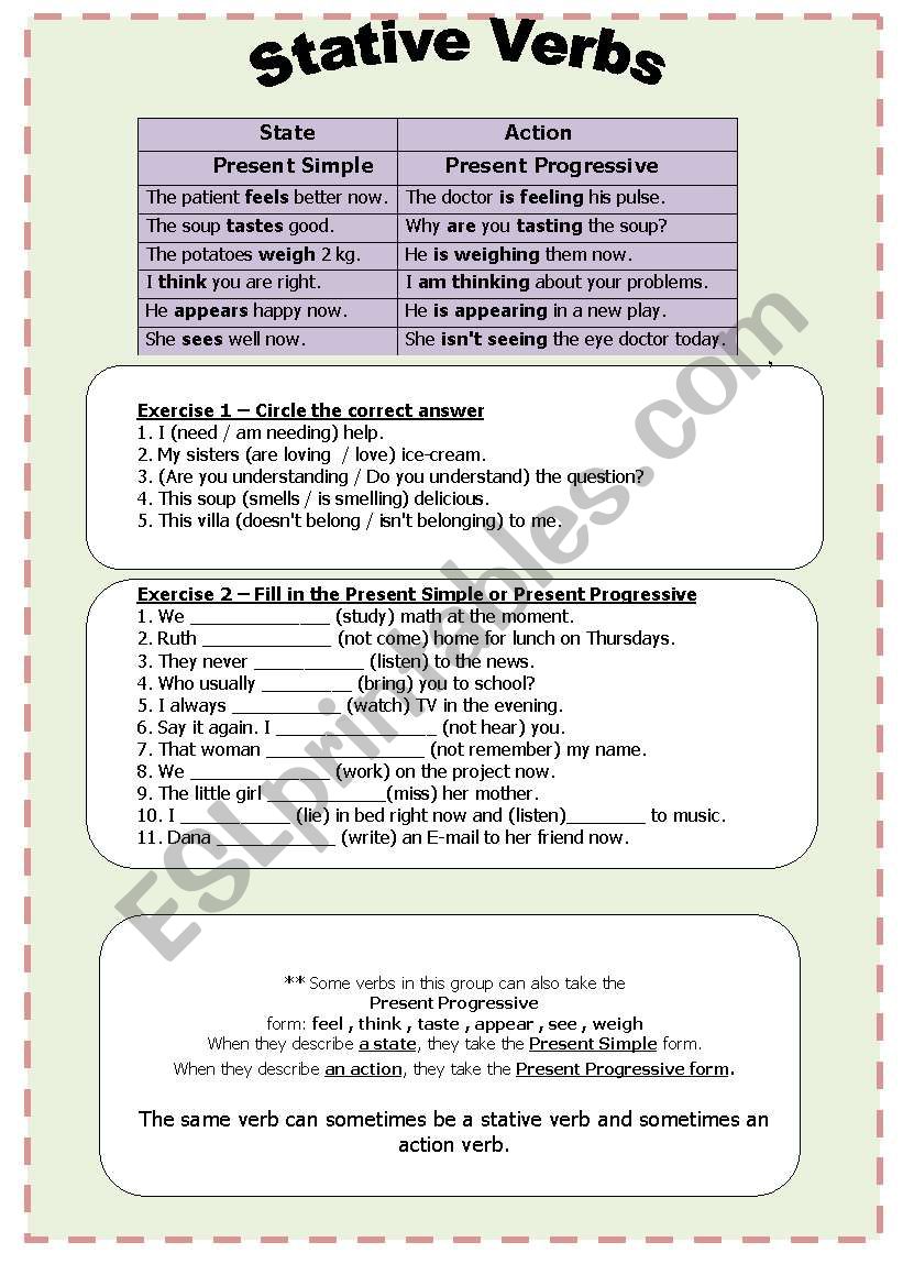 starive verbs- 2 pages worksheet