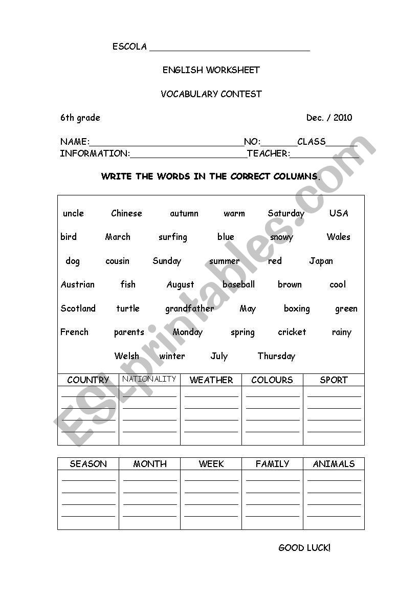 vocabulary contest worksheet