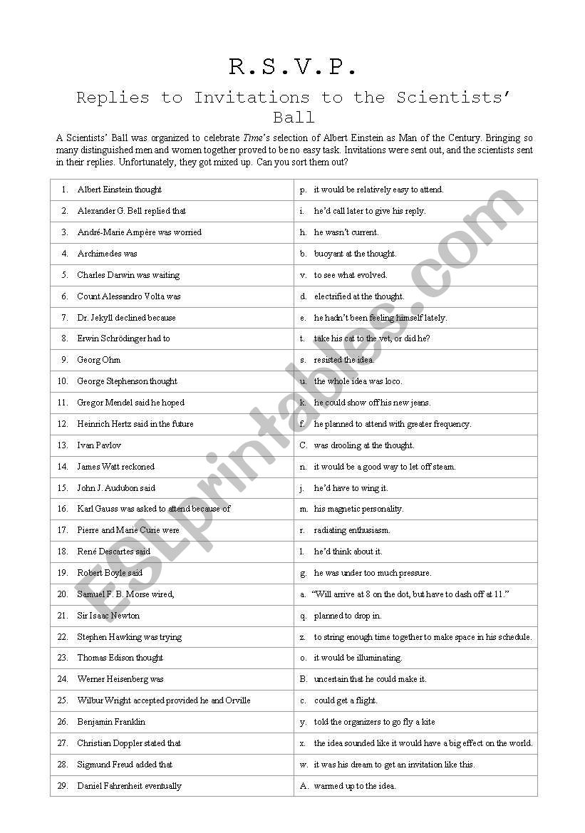 RSVP - Scientistsâ€™ Ball worksheet