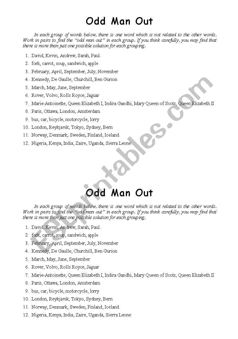 Odd Man Out worksheet