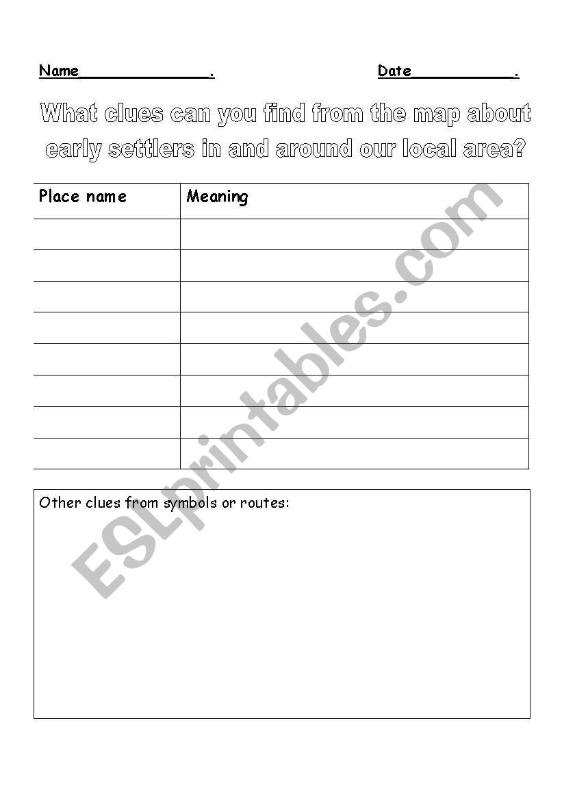 Place name Sheet  Geography worksheet