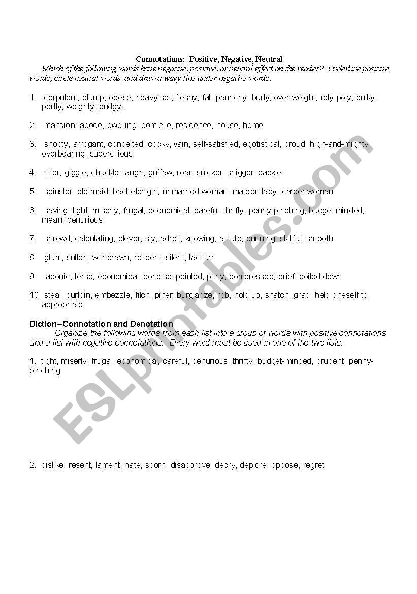 Connotations and Denotations Worksheet