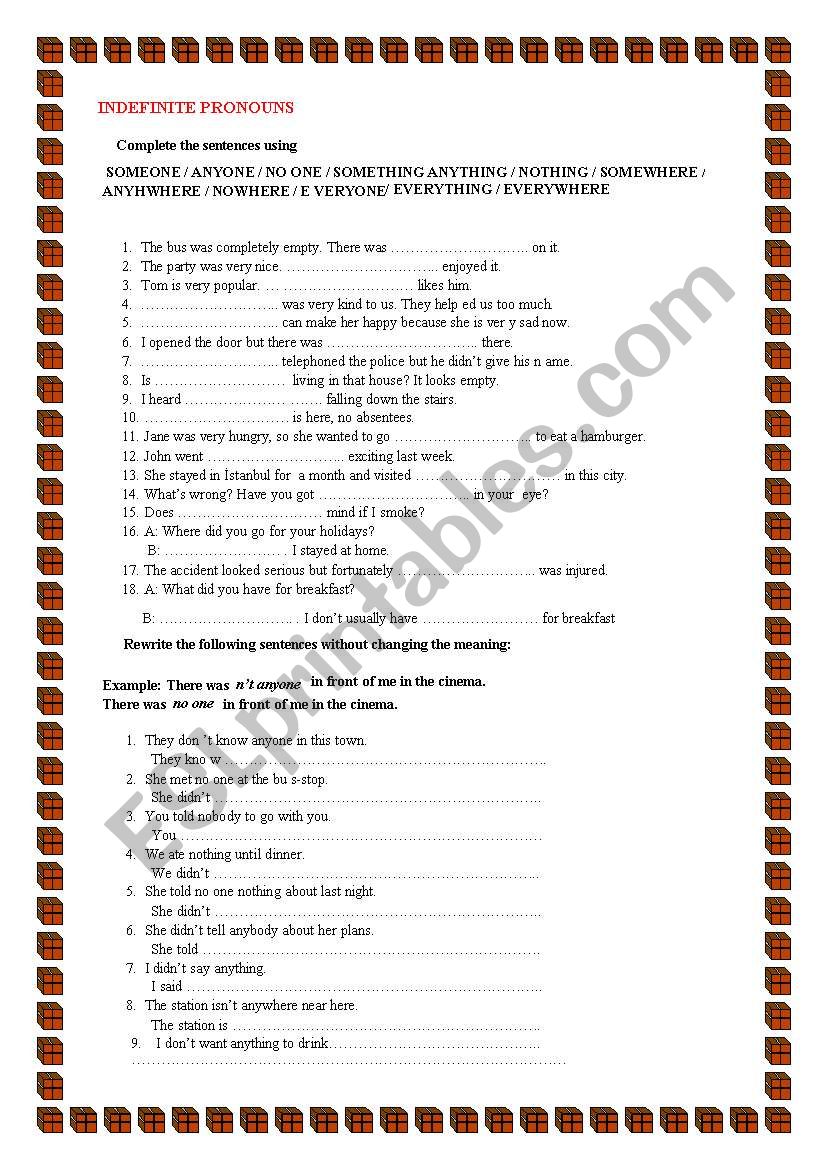 Indefinite pronouns worksheet