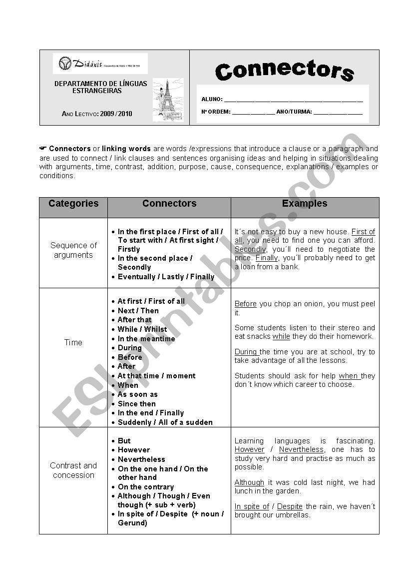 Connectors worksheet worksheet