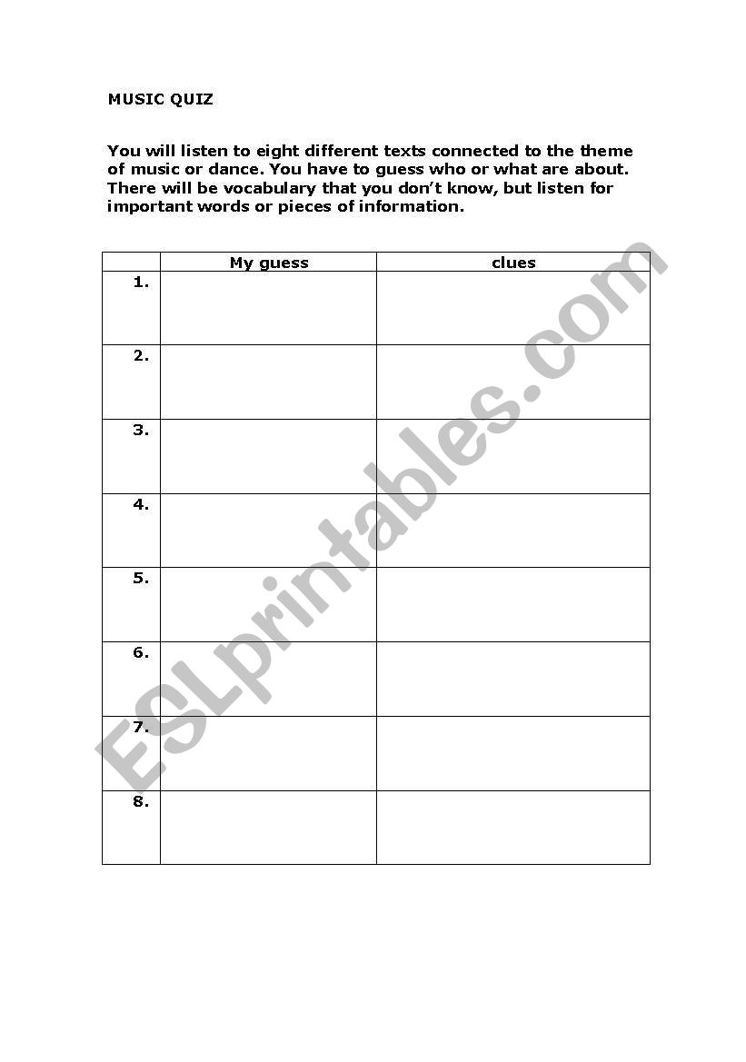 MUSIC QUIZ worksheet